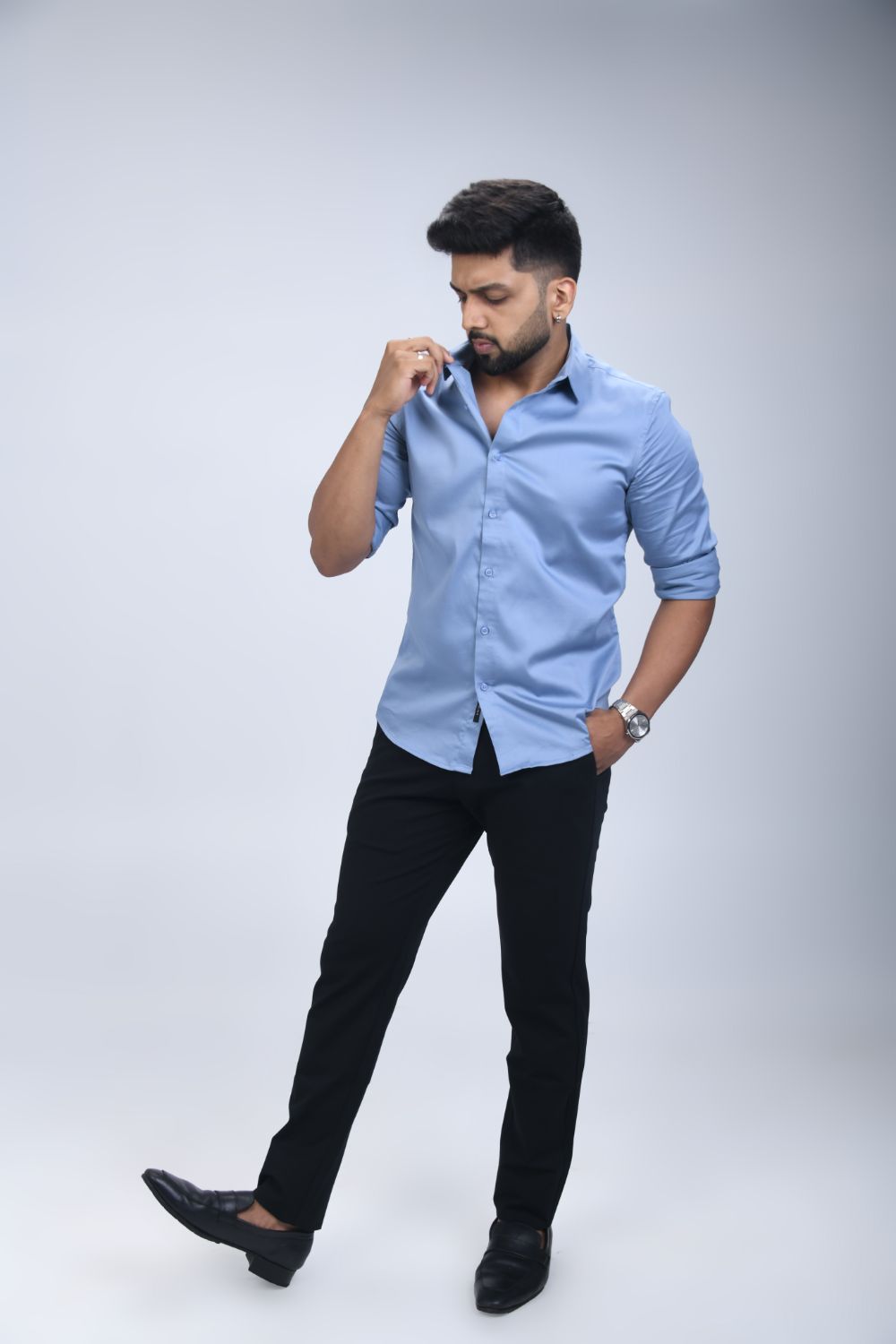 Satin Stretch Shirt | Blue Slim Fit Shirt For Men – Senses India